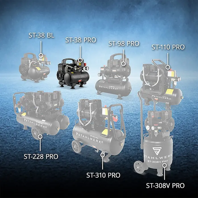 STAHLWERK Kompressor ST-38 Pro - Max. Druck: 8 bar, 3 l, Schmierung: Ohne - Eine Auswahl schwarzer Stahlwerk Kompressoren, von kompakt bis zu großen Rollmodellen. Das ST-38 PRO Modell ist scharf im Fokus.