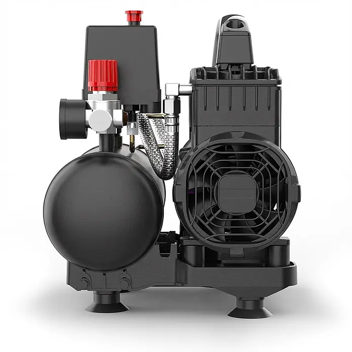 STAHLWERK Kompressor ST-38 Pro - Max. Druck: 8 bar, 3 l, Schmierung: Ohne - Kompakter schwarzer Luftkompressor mit Rundtank, Druckregler mit rotem Knopf und lüftergekühltem Motor auf Gummifüßen.
