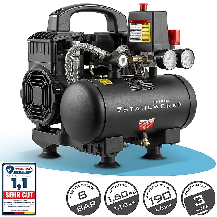 STAHLWERK Kompressor ST-38 Pro - Max. Druck: 8 bar, 3 l, Schmierung: Ohne - Schwarzer kompakter Luftkompressor mit Griff, Tank und Manometern.