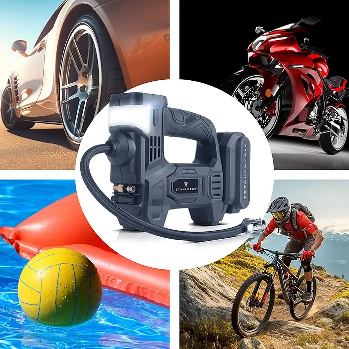 STAHLWERK Kompressor ADK-20 ST - 72 W, Schmierung: Ohne - Dunkelgrauer STAHLWERK tragbarer Kompressor mit Licht, pumpt Reifen von Auto, Motorrad, Fahrrad und Poolliege auf.