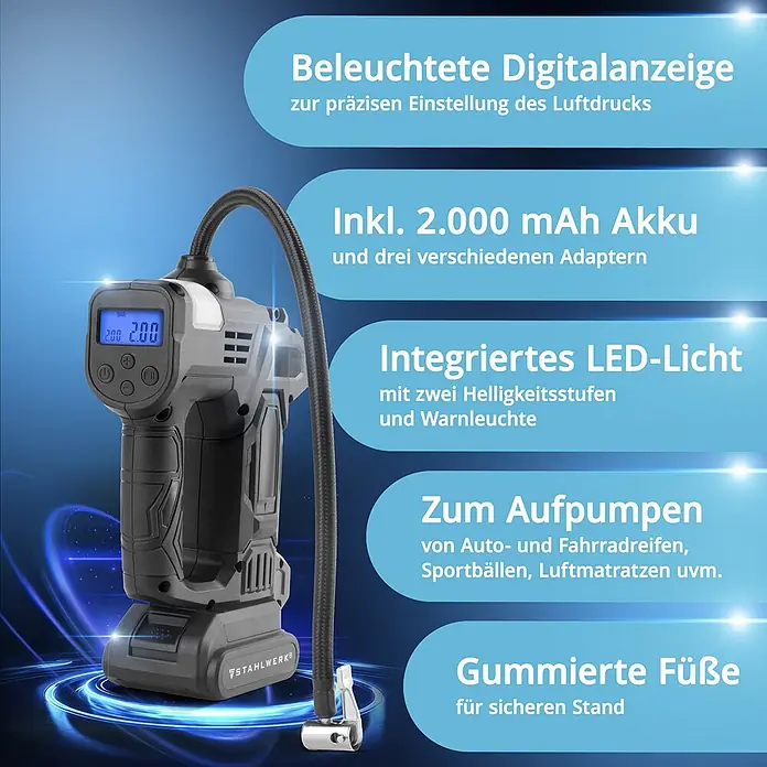 STAHLWERK Kompressor ADK-20 ST - 72 W, Schmierung: Ohne - Dunkelgrauer und hellgrauer tragbarer Luftkompressor mit Digitalanzeige '2.00 BAR', angeschlossenem Luftschlauch und integriertem LED-Licht.