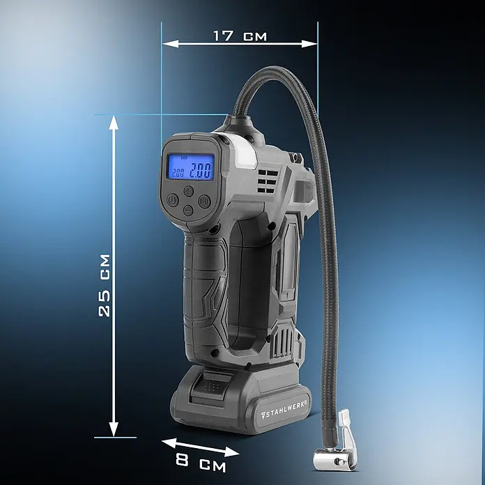 STAHLWERK Kompressor ADK-20 ST - 72 W, Schmierung: Ohne - Schwarzer und grauer STAHLWERK digitaler Handkompressor mit flexiblem Schlauch, klarem Display und Akkubasis. Maße 25x17x8 cm.