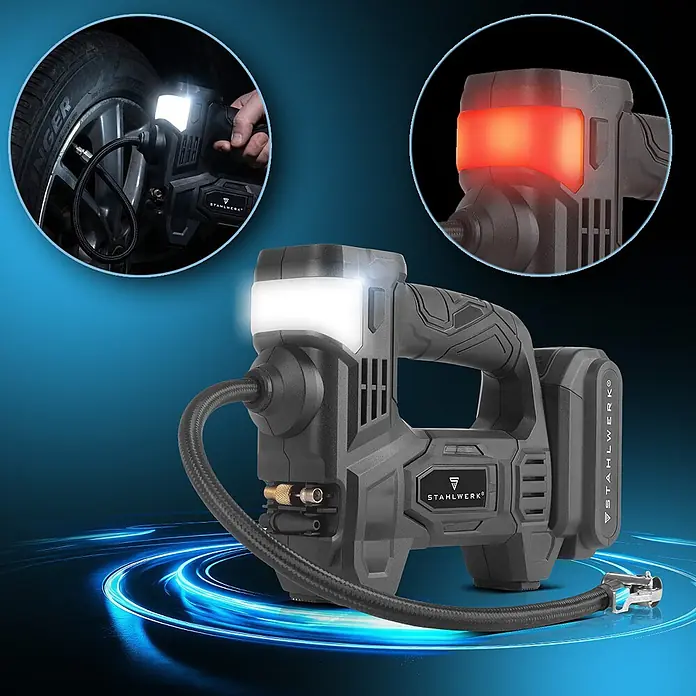 STAHLWERK Kompressor ADK-20 ST - 72 W, Schmierung: Ohne - Dunkelgrauer, tragbarer Luftkompressor mit integrierter weißer LED-Leuchte, Schlauch und roter Warnlichtfunktion.