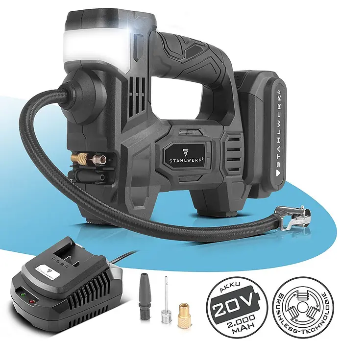 STAHLWERK Kompressor ADK-20 ST - 72 W, Schmierung: Ohne - Schwarzer Akku-Kompressor mit Schlauch, Ladegerät und drei Düsen. Mit integriertem Licht und 20V Akku.
