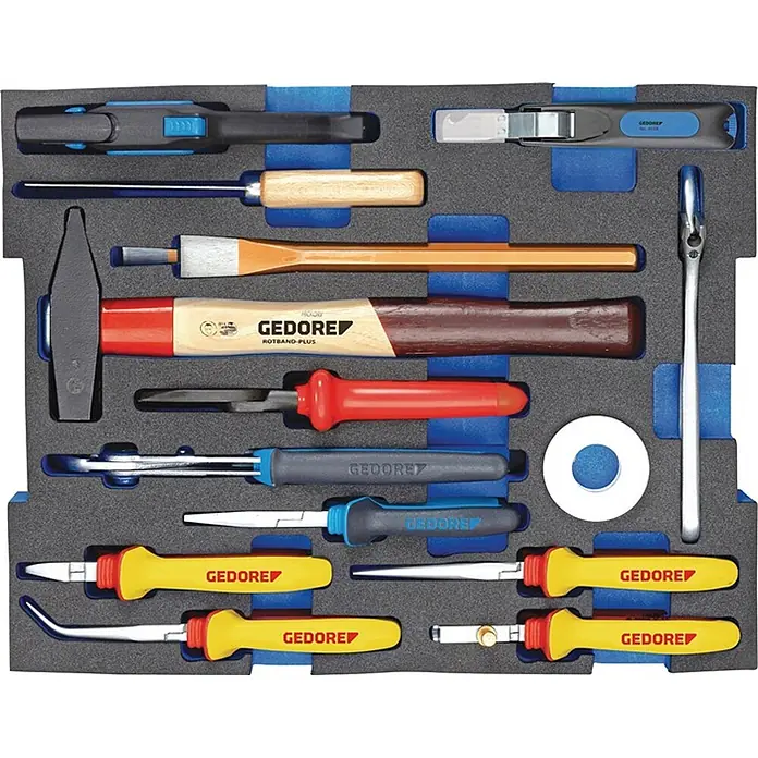 Gedore-Red Werkzeugkoffer 1100-02 L-Boxx - L x B x H: 455 x 375 x 205 mm, 36 -tlg. - Sortiertes Handwerkzeugset mit Hammer, Meißeln, Zangen und weiteren Werkzeugen, ordentlich in schwarzer Schaumstoffeinlage organisiert.