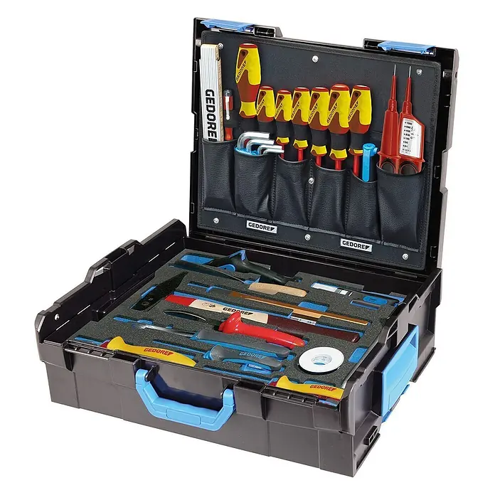 Gedore-Red Werkzeugkoffer 1100-02 L-Boxx - L x B x H: 455 x 375 x 205 mm, 36 -tlg. - Schwarz-blauer GEDORE Werkzeugkoffer, gefüllt mit Schraubendrehern, Meißeln, Feilen und anderen Handwerkzeugen.