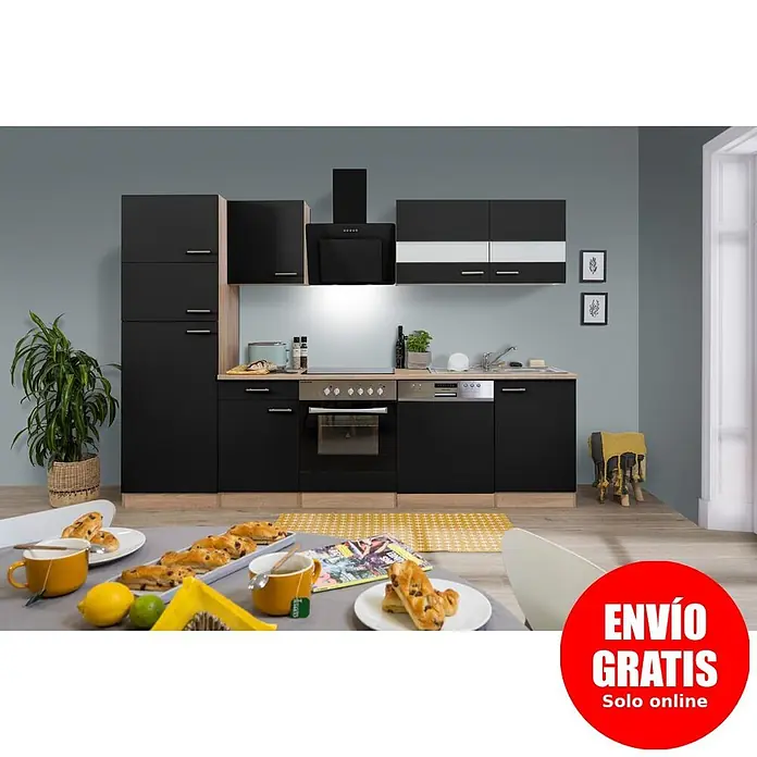 Respekta Composición de cocina Merle - Ancho: 280 cm, Negro, Con electrodomésticos, Volumen horno: 72 l - Mueble de cocina negro con detalles de madera clara y electrodomésticos integrados en un ambiente moderno.