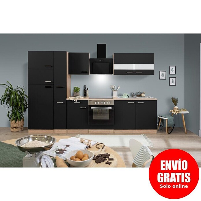 Respekta Composición de cocina (Ancho: 300 cm, Con dispositivos eléctricos, Negro)