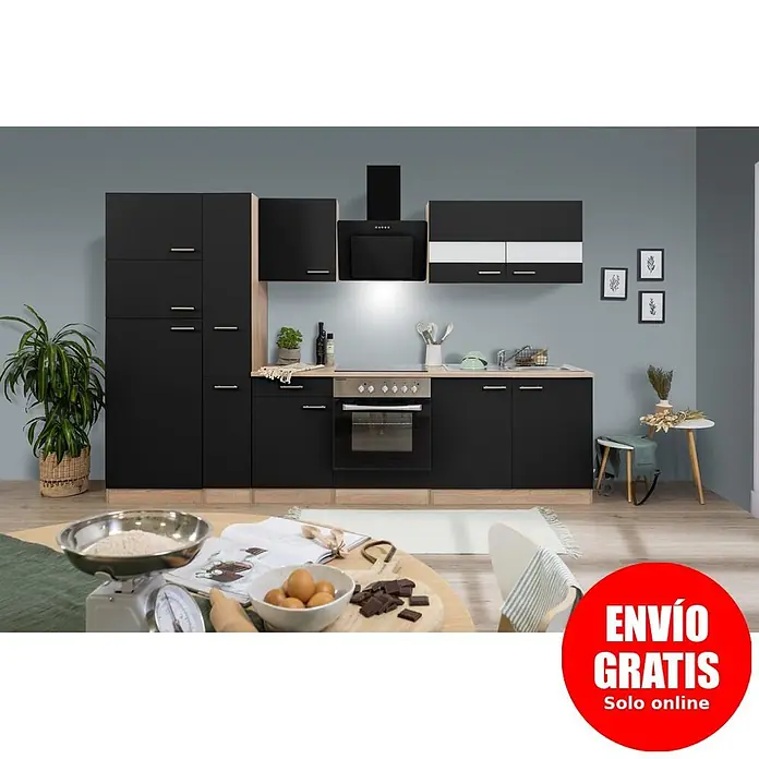Respekta Composición de cocina Merle - Ancho: 300 cm, Negro, Con electrodomésticos, Volumen horno: 72 l - Cocina modular negra con encimeras y zócalo efecto roble, con electrodomésticos integrados y armarios de pared.