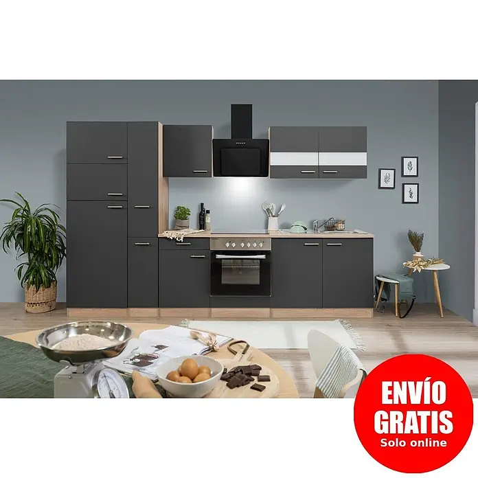 Respekta Composición de cocina Merle - Ancho: 300 cm, Gris, Con electrodomésticos, Volumen horno: 72 l - Cocina modular moderna gris oscuro con detalles en madera clara, horno, placa de cocción y campana extractora integrados.