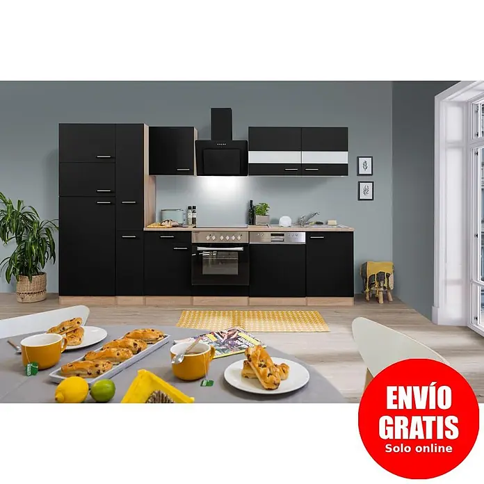 Respekta Composición de cocina Merle - Ancho: 310 cm, Negro, Con electrodomésticos, Volumen horno: 72 l - Mueble de cocina moderno negro con elementos de madera, horno, vitrocerámica y fregadero, en ambiente actual.