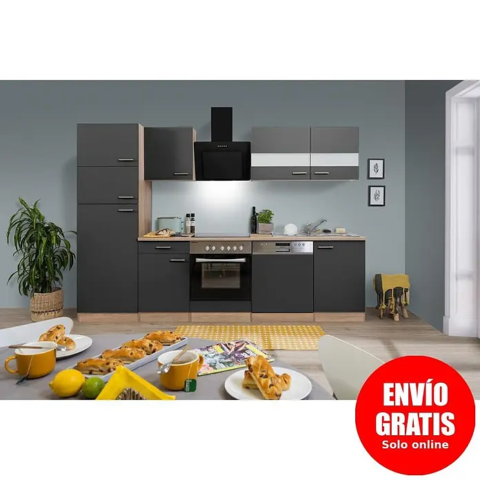 Respekta Composición de cocina Merle - Ancho: 280 cm, Gris, Con electrodomésticos, Volumen horno: 72 l - Cocina moderna en gris oscuro y madera clara, con horno, vitrocerámica, lavavajillas, fregadero y campana. Incluye muebles altos y columnas.