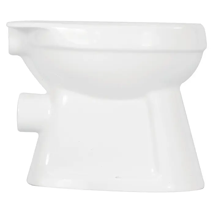Sanicomfort Rekia Stand-WC - Spülrandlos, Ohne Spezialglasur, Spülform: Flach, WC Abgang: Waagerecht, Weiß - Weißer Keramik-WC-Unterbau, Seitenansicht.
