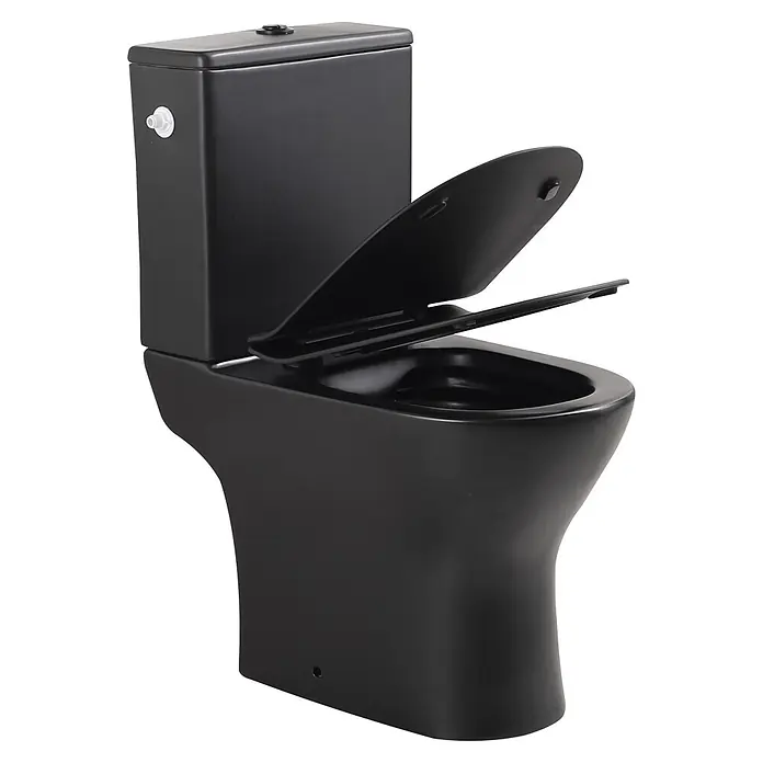 Sanicomfort Stand-WC-Set Paros - Spülrandlos, Ohne Spezialglasur, Spülform: Tief, WC Abgang: Waagerecht, Schwarz, Mit Spülkasten - Schwarze Toilette mit offener Klobrille und Deckel.
