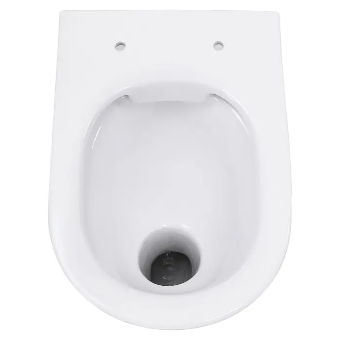 Sanicomfort Rekia Stand-WC Comfort - Spülrandlos, Ohne Spezialglasur, Spülform: Flach, WC Abgang: Waagerecht, Weiß - Weiße Keramik-Toilettenschüssel, Aufsicht, mit Befestigungslöchern.