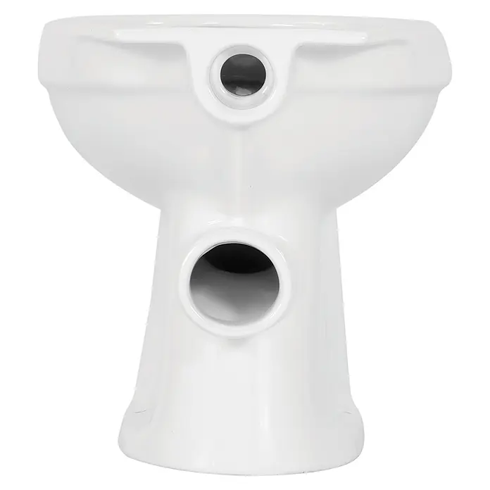Sanicomfort Rekia Stand-WC - Spülrandlos, Ohne Spezialglasur, Spülform: Flach, WC Abgang: Waagerecht, Weiß - Rückansicht einer weißen Keramik-Toilettenschüssel mit Sanitäranschlüssen.