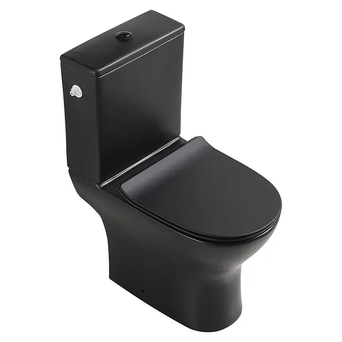 Sanicomfort Stand-WC-Set Paros - Spülrandlos, Ohne Spezialglasur, Spülform: Tief, WC Abgang: Waagerecht, Schwarz, Mit Spülkasten - Eine moderne schwarze Toilette mit Zwei-Mengen-Spülung und Absenkautomatik.