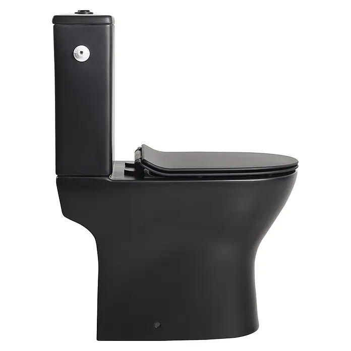 Sanicomfort Stand-WC-Set Paros - Spülrandlos, Ohne Spezialglasur, Spülform: Tief, WC Abgang: Waagerecht, Schwarz, Mit Spülkasten - Mattschwarzes WC mit geschlossenem Deckel, Seitenansicht.