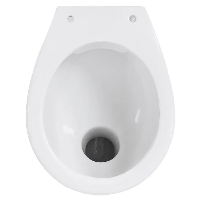 Sanicomfort Rekia Stand-WC - Spülrandlos, Ohne Spezialglasur, Spülform: Flach, WC Abgang: Waagerecht, Weiß - Weißes Keramik-Toilettenbecken, Draufsicht auf den Innenraum und das Abflussloch.