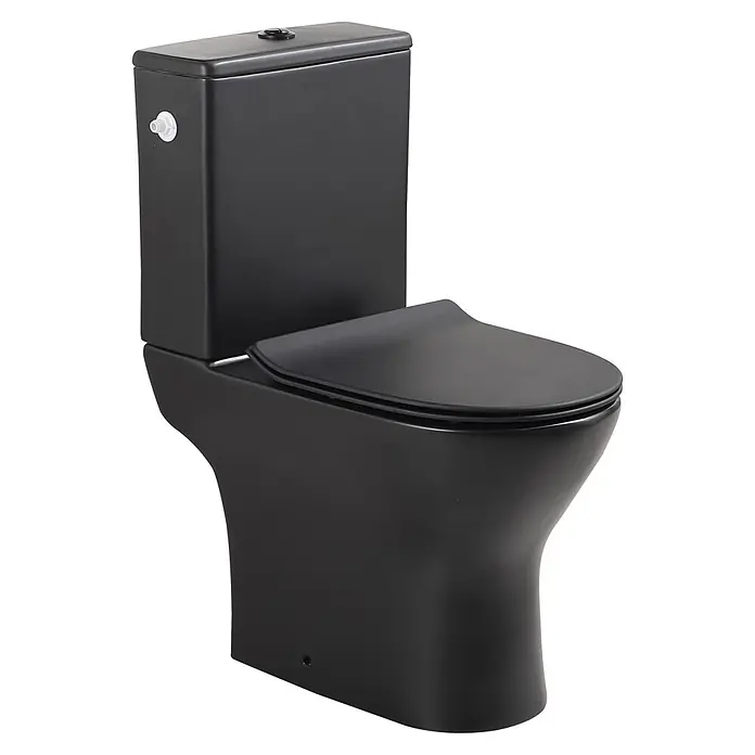Sanicomfort Stand-WC-Set Paros - Spülrandlos, Ohne Spezialglasur, Spülform: Tief, WC Abgang: Waagerecht, Schwarz, Mit Spülkasten - Mattschwarze Keramiktoilette mit passendem Sitz und Spülkasten.