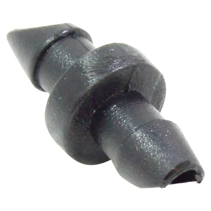 Acoplamiento de manguera de microgoteo - 4 mm, 25 ud. - Primer plano detallado de un accesorio de riego negro, ideal para el riego preciso del jardín con su diseño dentado.