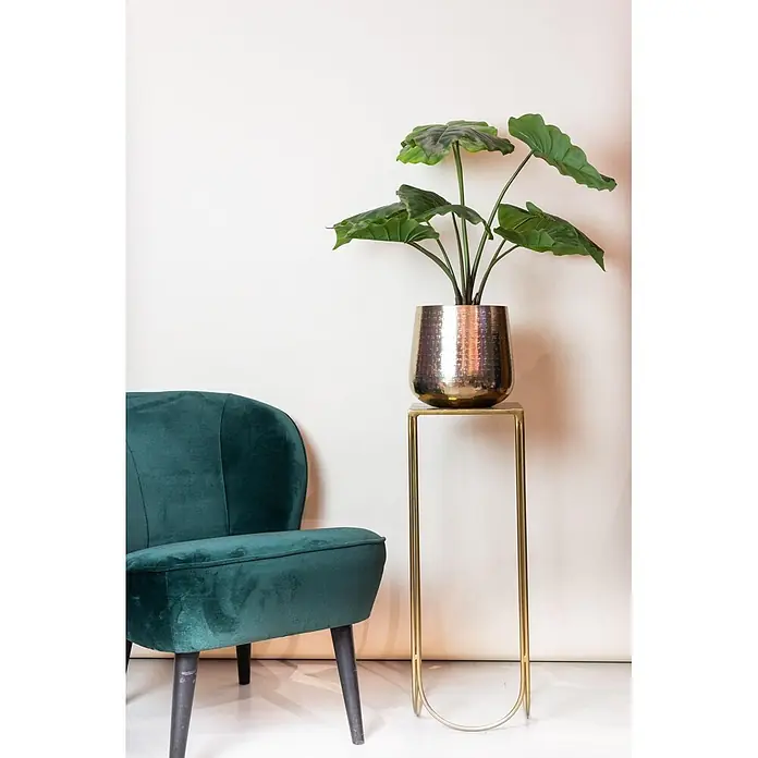 Florora Kunstpflanze Alocasia - Höhe: 70 cm, Holz - Ein tealfarbener Samtsessel neben einem goldenen Pflanzenständer, der einen gehämmerten goldenen Übertopf mit einer großen grünen Pflanze trägt.
