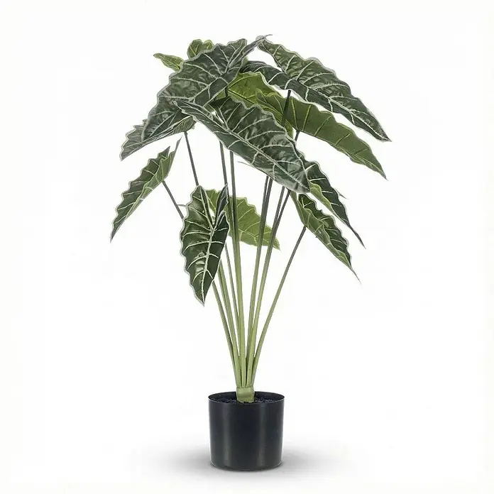Florora Kunstpflanze Alocasia - Höhe: 80 cm, Holz - Künstliche Pflanze mit großen, dunkelgrünen Blättern und helleren Stielen in einem schwarzen Topf, zur Dekoration.
