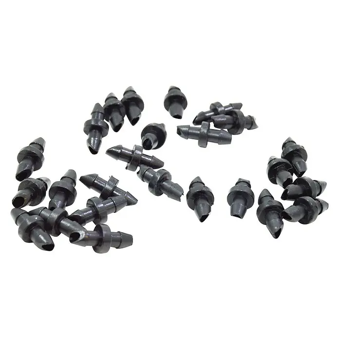 Acoplamiento de manguera de microgoteo - 4 mm, 25 ud. - Imagen de 25 conectores negros para riego por goteo. Estos conectores se utilizan en sistemas de riego para unir tubos.