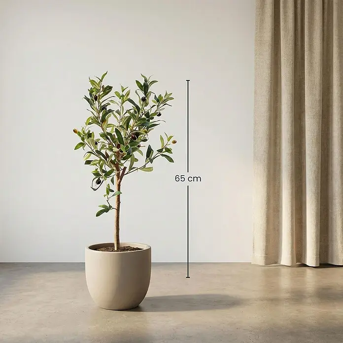 Florora Kunstpflanze Olivenbaum - Höhe: 65 cm, Holz - Künstlicher Olivenbaum mit Oliven in hellem Topf, 65 cm hoch.