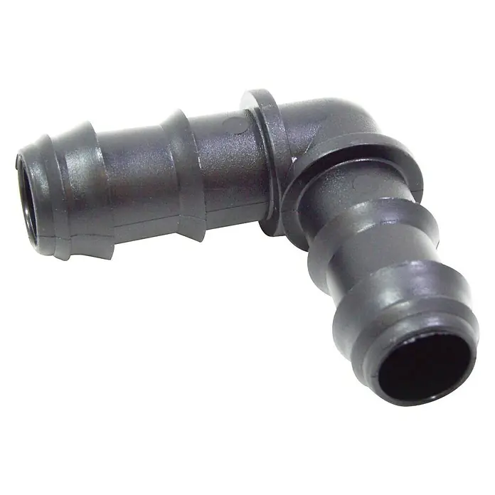 Codo goteo - Diámetro: 16 mm, Plástico, 50 ud. - Imagen del producto de un accesorio de codo negro de 90 grados, utilizado para conexiones de mangueras en varias aplicaciones.