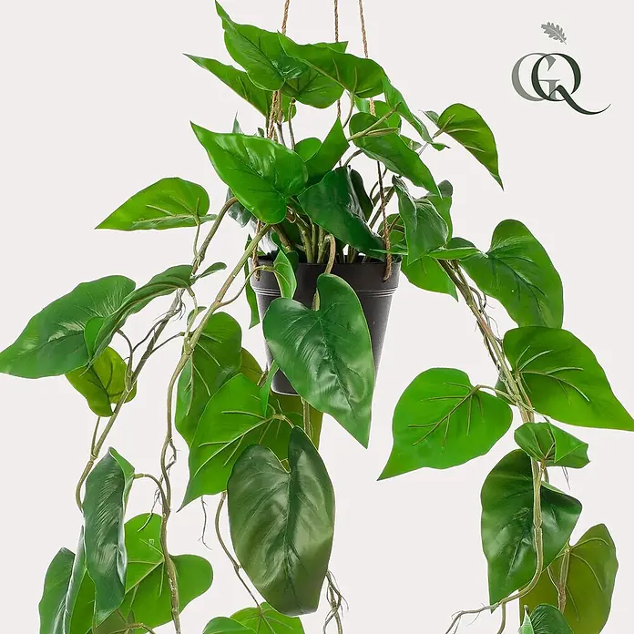 Florora Kunstpflanze Philodendron - Höhe: 80 cm, Holz - Grüne künstliche Hängepflanze in schwarzem Topf mit Seilaufhängung.