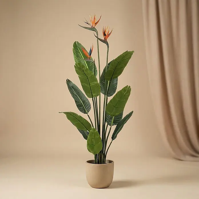 Florora Kunstpflanze Strelitzia mit Blüten - Höhe: 120 cm, Blütenfarbe: Orange/Blau, Holz - Gepottete Paradiesvogelblume mit grünen Blättern und orange-blauen Blüten in beigem Topf.