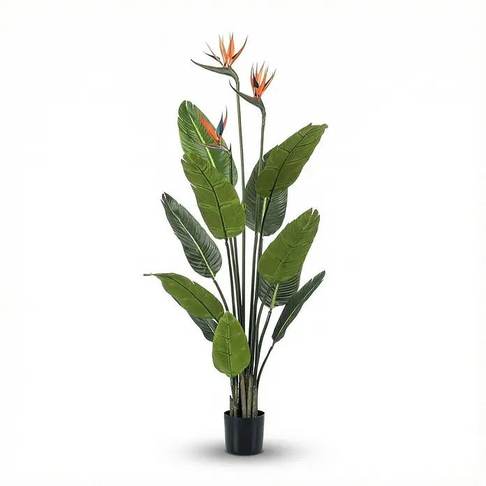 Florora Kunstpflanze Strelitzia mit Blüten - Höhe: 120 cm, Blütenfarbe: Orange/Blau, Holz - Künstliche Paradiesvogelblume mit grünen Blättern, leuchtend orangefarbenen und blauen Blüten, in schwarzem Topf.