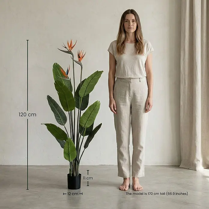 Florora Kunstpflanze Strelitzia mit Blüten - Höhe: 120 cm, Blütenfarbe: Orange/Blau, Holz - Künstliche Paradiesvogelblume, 120 cm hoch, mit grünen Blättern und orange-blauen Blüten, im schwarzen Topf. Modell (170 cm) zum Größenvergleich.