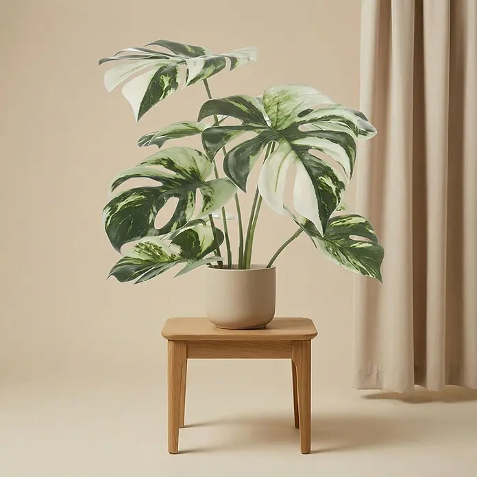 Florora Kunstpflanze Monstera Busch - Höhe: 40 cm, Holz - Variegierte Monstera-Pflanze in beigem Topf auf einem hellen quadratischen Holzschemel.