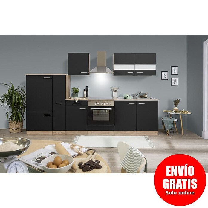 Respekta Composición de cocina (Ancho: 300 cm, Con dispositivos eléctricos, Negro)