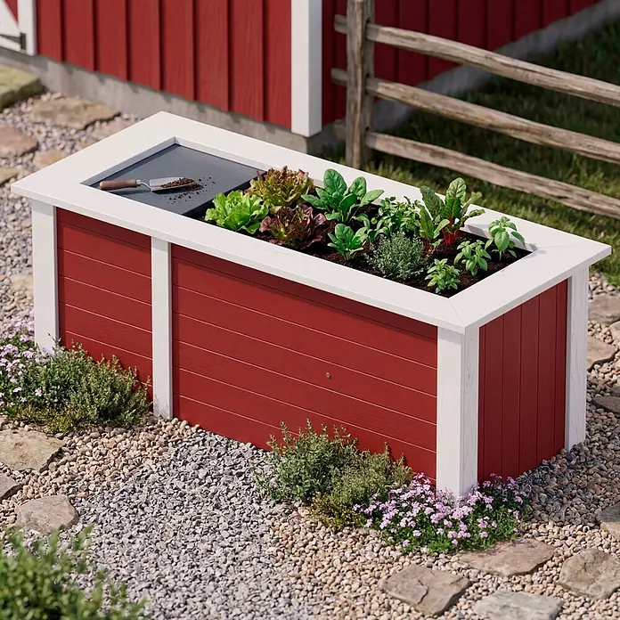 Weka Hochbeet - 205 x 79 x 81 cm, Holz, Schwedenrot/Weiß - Rotes und weißes Hochbeet, gefüllt mit verschiedenen Blattsalaten und Kräutern, auf einem Kiesweg im Freien.