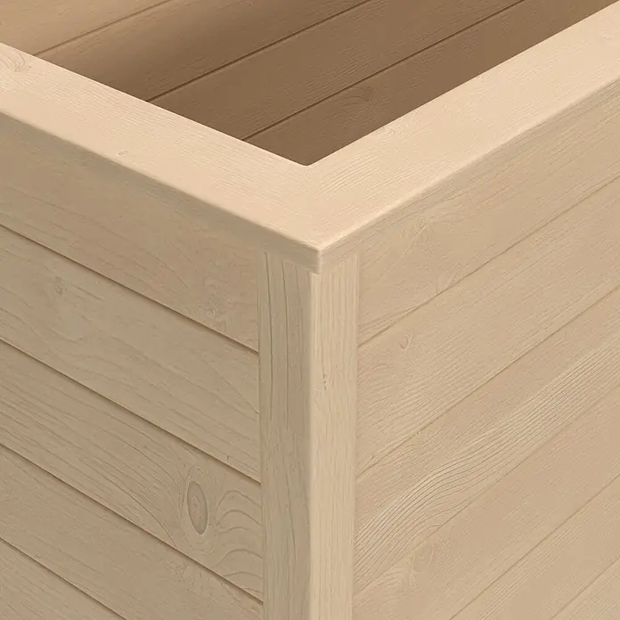 Weka Hochbeet C - 205 x 80 x 81 cm, Holz, Natur - Ecke eines hellen Holzpflanzkübels mit horizontalen Brettern.
