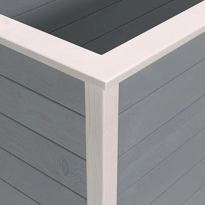 Weka Hochbeet C - 205 x 80 x 81 cm, Holz, Grau/Weiß - Ecke eines Holzpflanzgefäßes mit hellem Holzrahmen und dunkelgrauen Holzlatten.