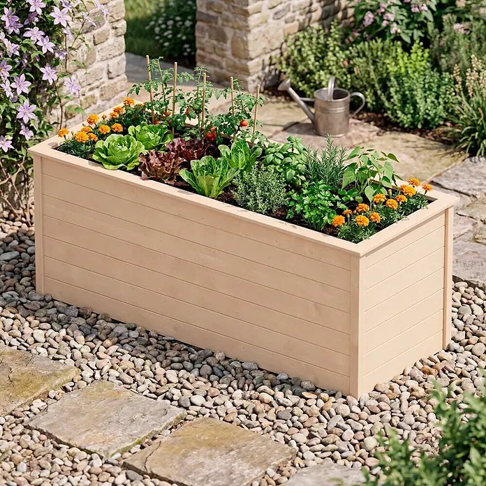 Weka Hochbeet C - 205 x 80 x 81 cm, Holz, Natur - Helles Hochbeet aus Holz mit Gemüse und Blumen, platziert auf einem Kiesweg im Garten.