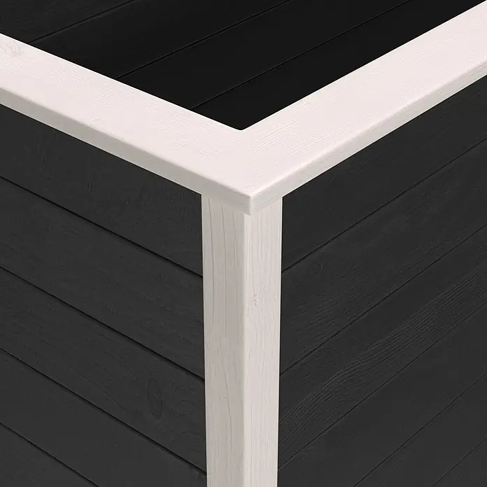 Weka Hochbeet C - 205 x 80 x 81 cm, Holz, Anthrazit/Weiß - Ecke eines schwarzen Holzpflanzgefäßes mit hellem Holzrahmen.