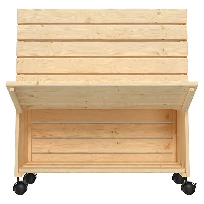Wagner System GreenFamily Hochbeet GreenBox - 79 x 43 x 80 cm, Holz - Offene Lagerkiste aus hellem Holz auf schwarzen Rollen.