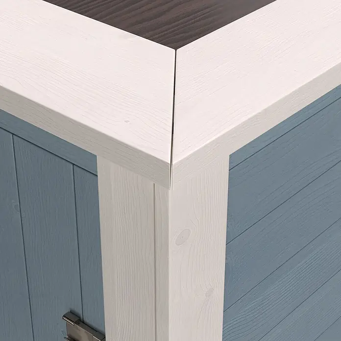 Weka Hochbeet - 205 x 79 x 81 cm, Holz, Grau/Weiß - Ecke eines blau-grauen Holzschranks mit weißem Rahmen, dunkler Platte und Metallriegel.