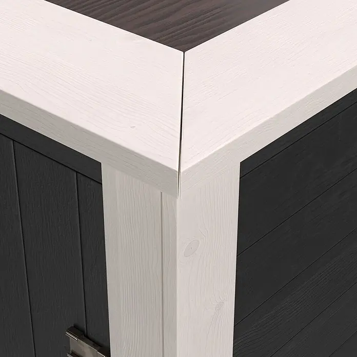 Weka Hochbeet - 205 x 79 x 81 cm, Holz, Anthrazit/Weiß - Eckdetail eines Schranks mit weißem Holzrahmen und dunklen Holzpaneelen und -platte.