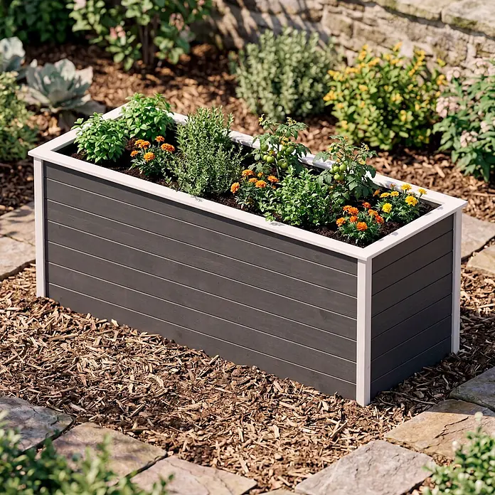 Weka Hochbeet C - 205 x 80 x 81 cm, Holz, Anthrazit/Weiß - Dunkelgraues Hochbeet mit weißem Rand, gefüllt mit Kräutern, Tomaten und orangefarbenen Studentenblumen im Garten.