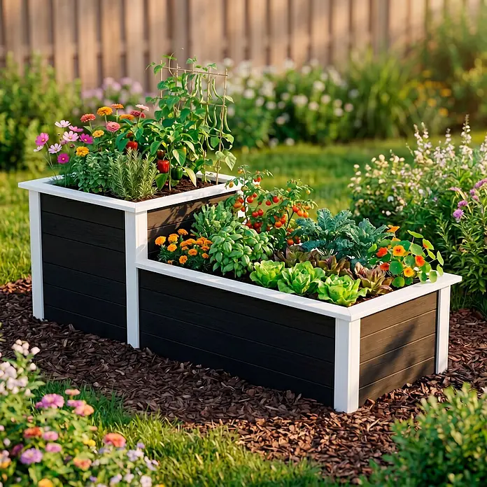 Weka Hochbeet - 205 x 79 x 81 cm, Holz, Anthrazit/Weiß, Stufenhochbeet - Gestuftes dunkelbraunes Hochbeet mit weißem Rand, bepflanzt, in einem Garten.