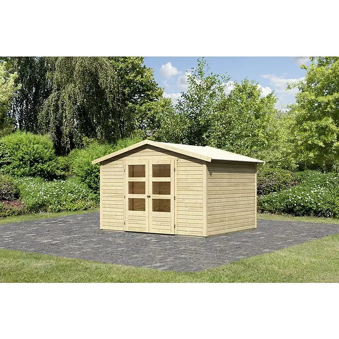 Karibu Gartenhaus Amberg - Außenmaß inkl. Dachüberstand (B x T): 272 x 282 cm, Holz, Natur - Ein geräumiges Gartenhaus aus Holz mit Doppeltür und Fenstern, ideal zur Aufbewahrung von Gartengeräten und -möbeln im Freien.