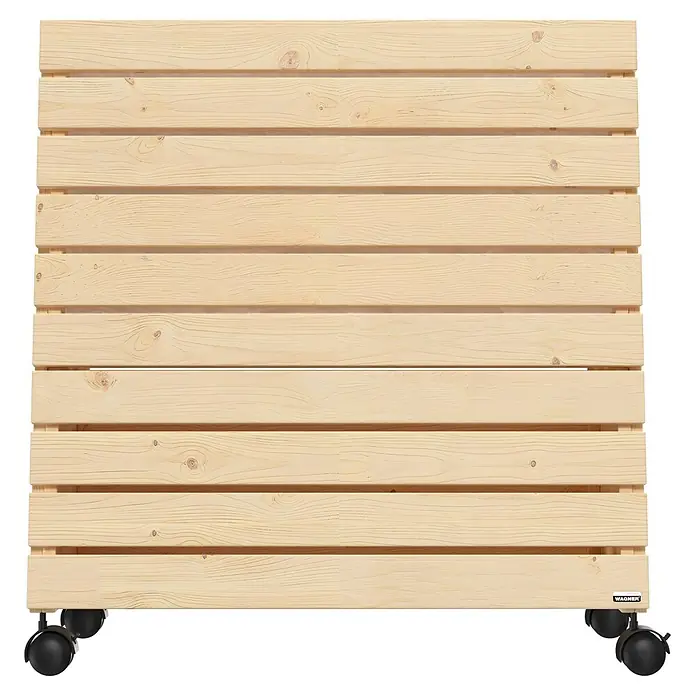 Wagner System GreenFamily Hochbeet GreenBox - 79 x 43 x 80 cm, Holz - Pflanzenroller aus hellem Holz mit Lamellen und schwarzen Lenkrollen.