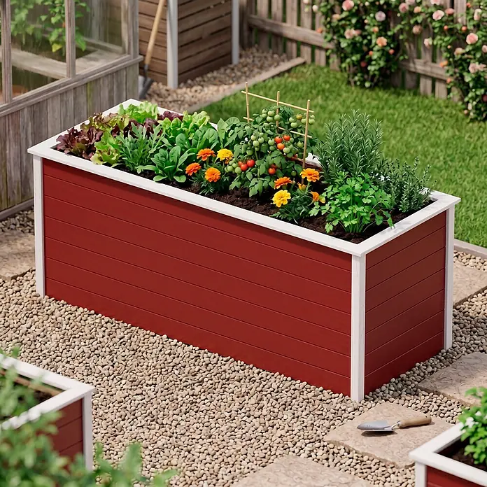 Weka Hochbeet C - 205 x 80 x 81 cm, Holz, Schwedenrot/Weiß - Rotes Hochbeet mit weißem Rand, gefüllt mit Salat, Tomaten, Ringelblumen und Kräutern im Garten.