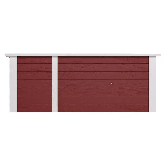 Weka Hochbeet - 205 x 79 x 81 cm, Holz, Schwedenrot/Weiß - Rotes Garagentor mit horizontalen Paneelen und weißer Seiten- und Oberverkleidung, mit kleinem Schloss.